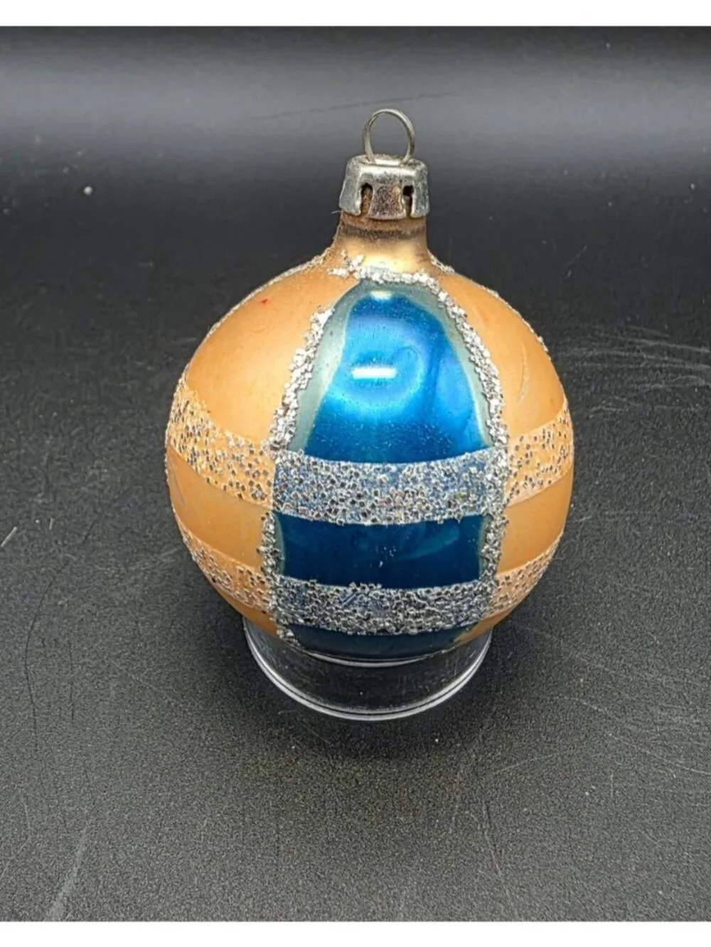 Vintage MCM Blue Gold & Mica Striped Mercury Glass Christmas Ornament